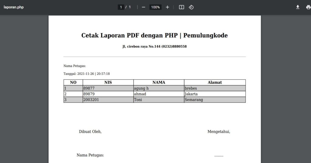 cara membuat laporan pdf dengan php